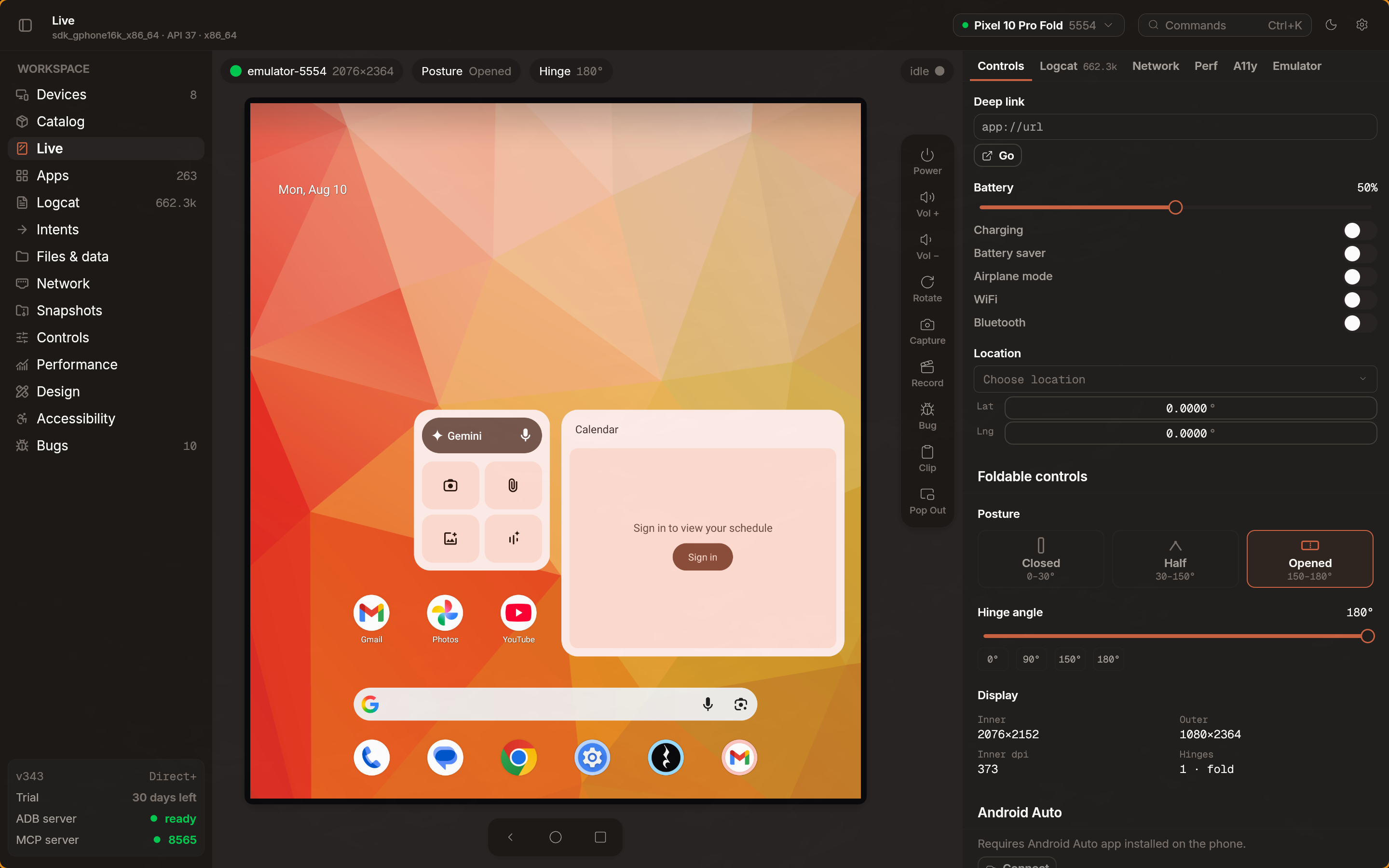 Three emulator mirrors running side by side — phone, tablet, and foldable, each showing mellow