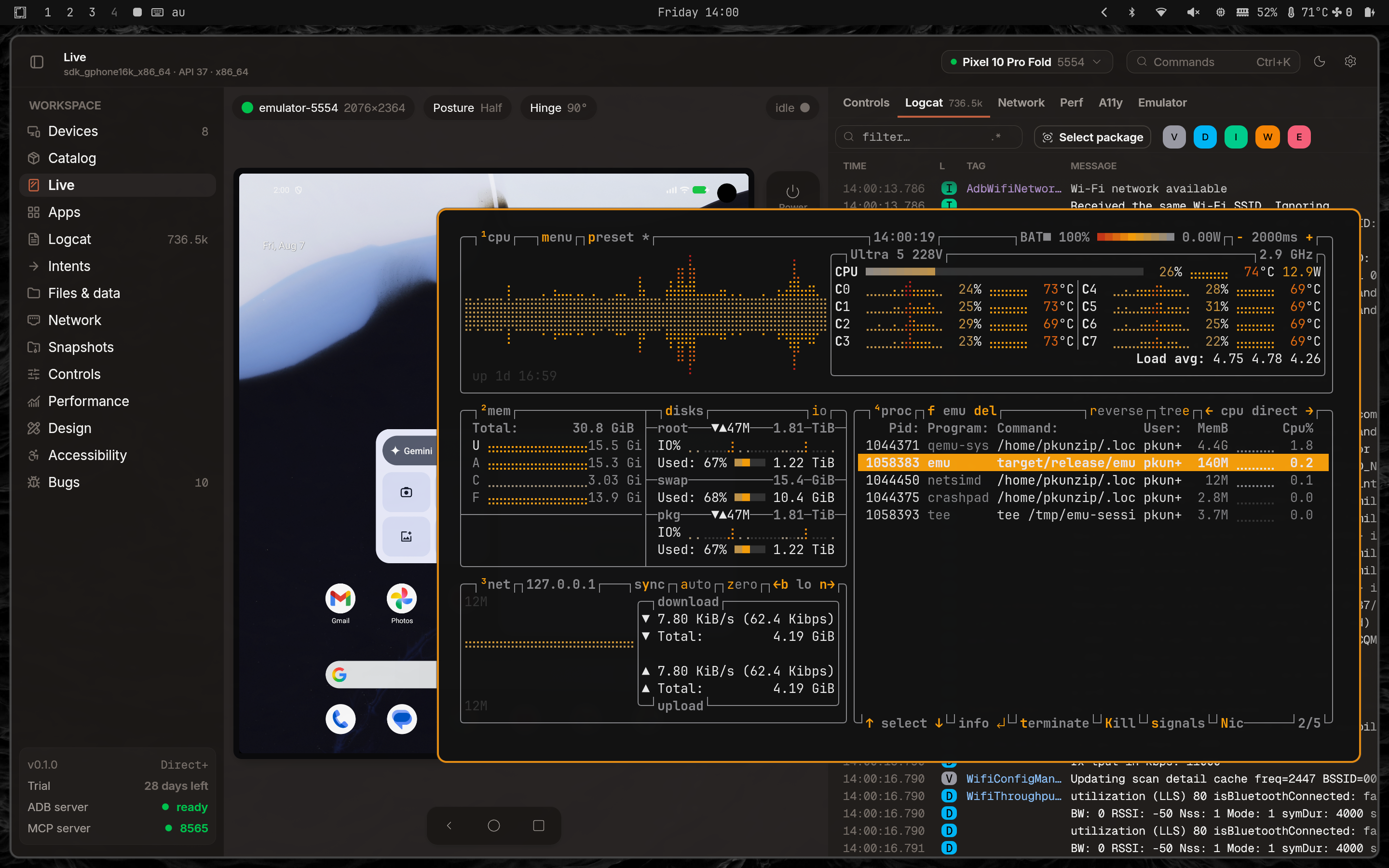 System monitor showing emu process at 140 MB RSS while mirroring a foldable emulator