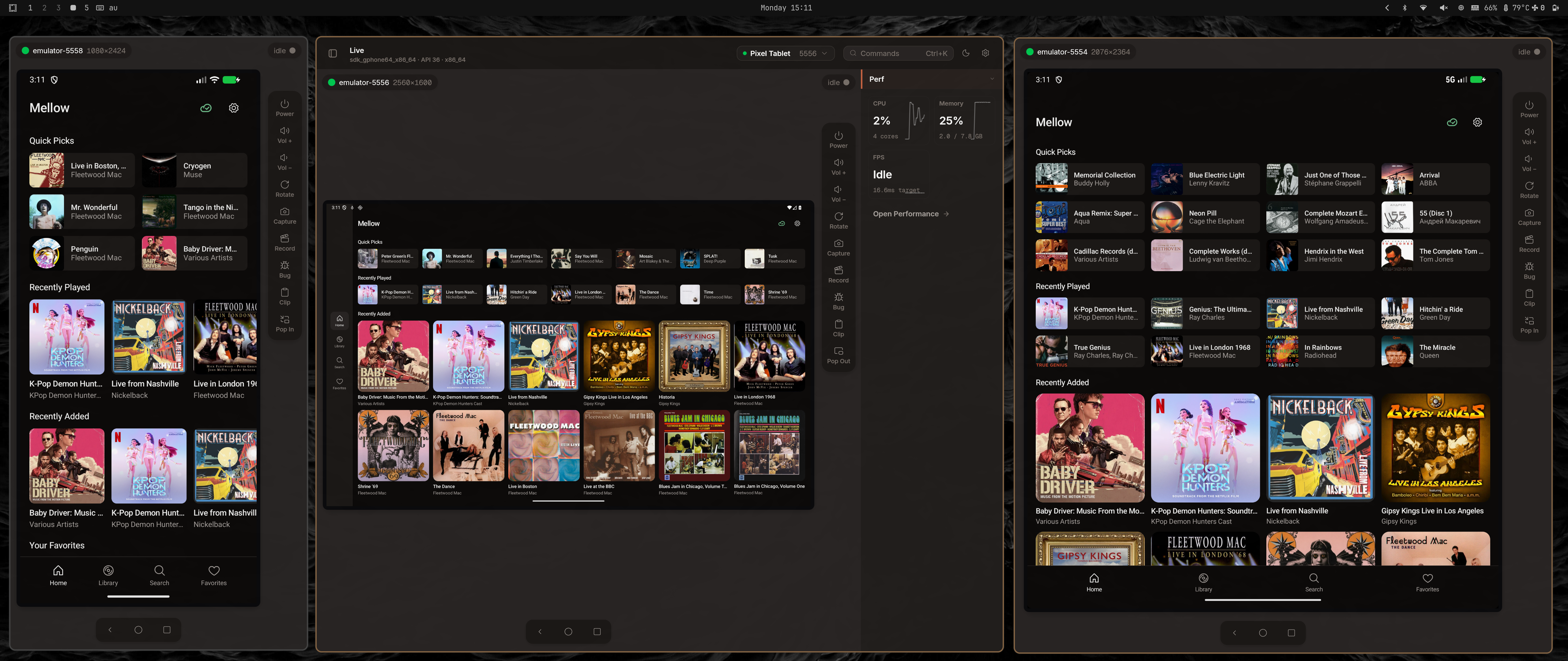 Three emulator mirrors running side by side — phone, tablet, and foldable, each showing mellow