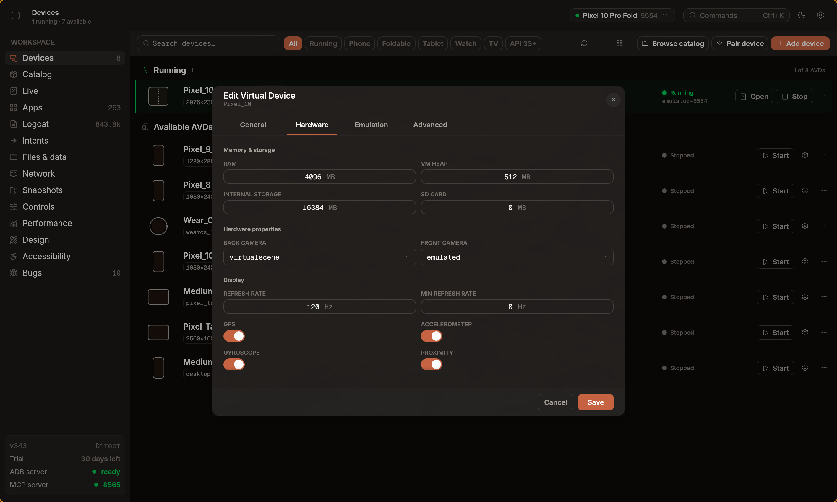 AVD hardware editor showing refresh rate set to 120 Hz